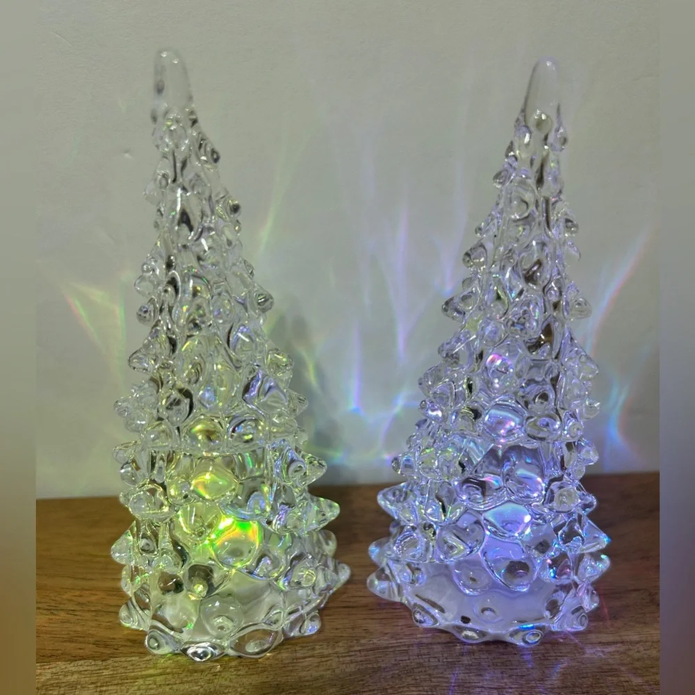 NEW Set of 2 Clear Plastic Light Up Christmas Trees Color Changes 4.5”